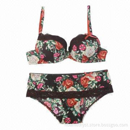 Rose-printed microfiber lingerie set